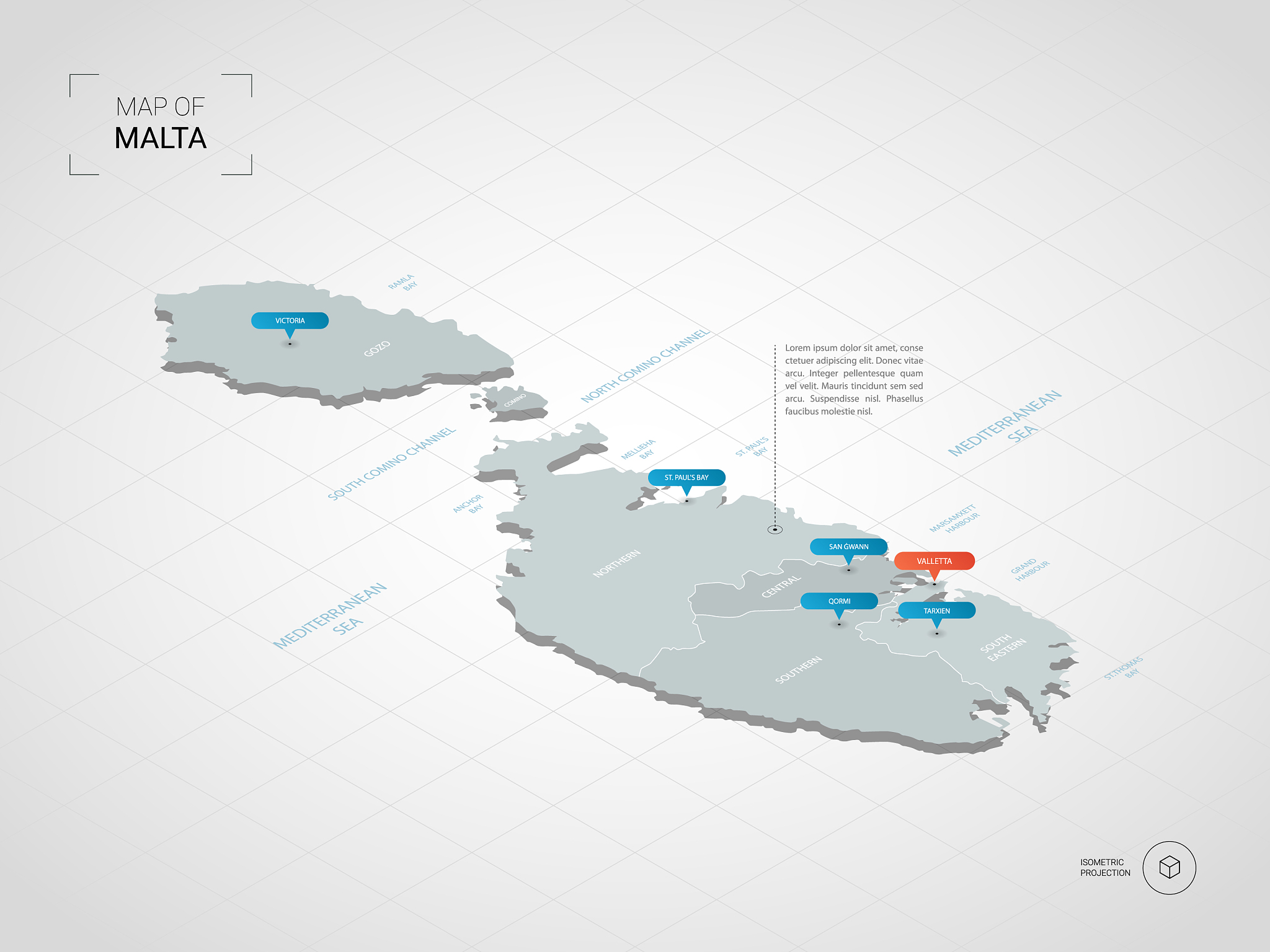 isometric malta map with city names and