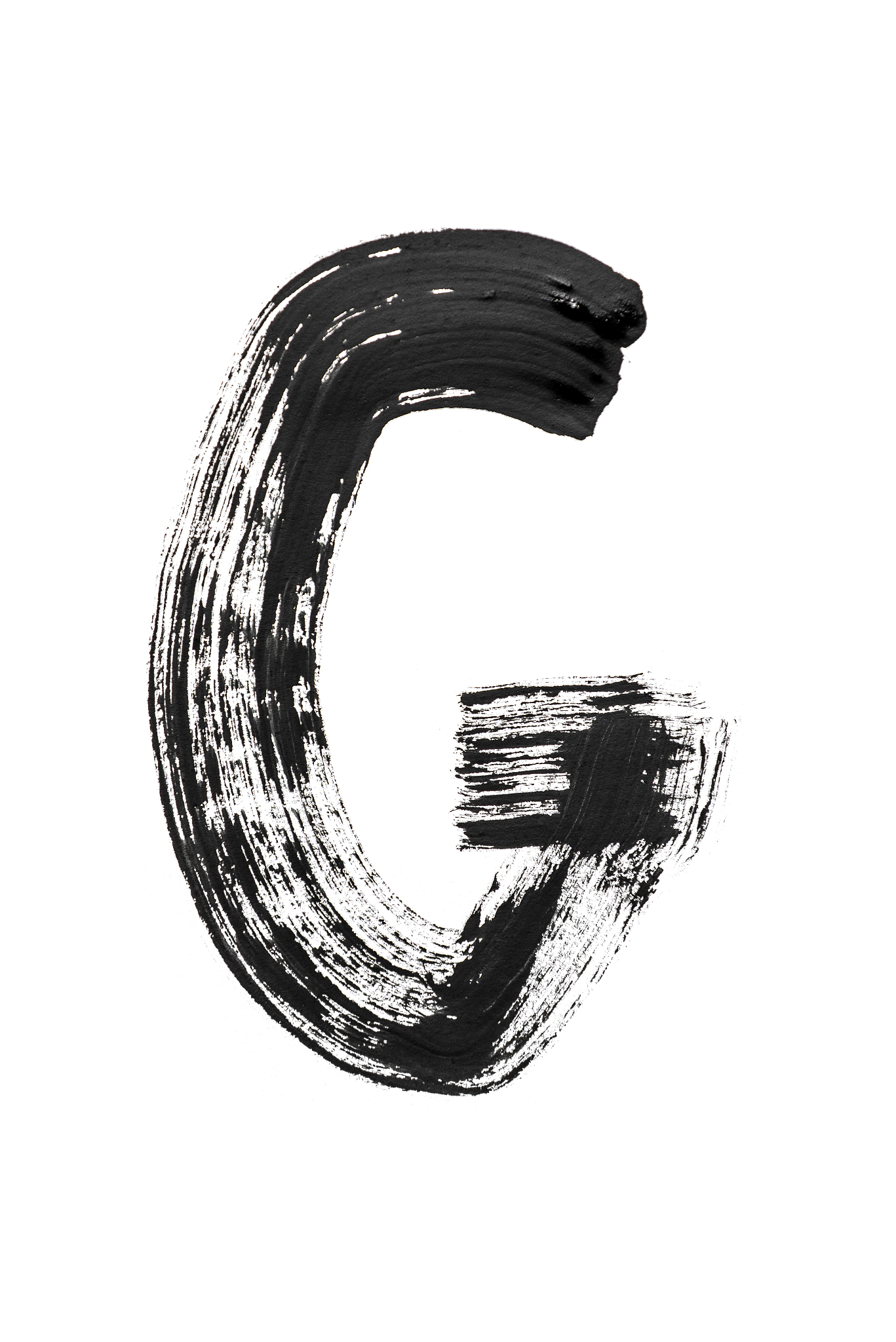 the english alphabet, the letter 'g' is written in black paint o