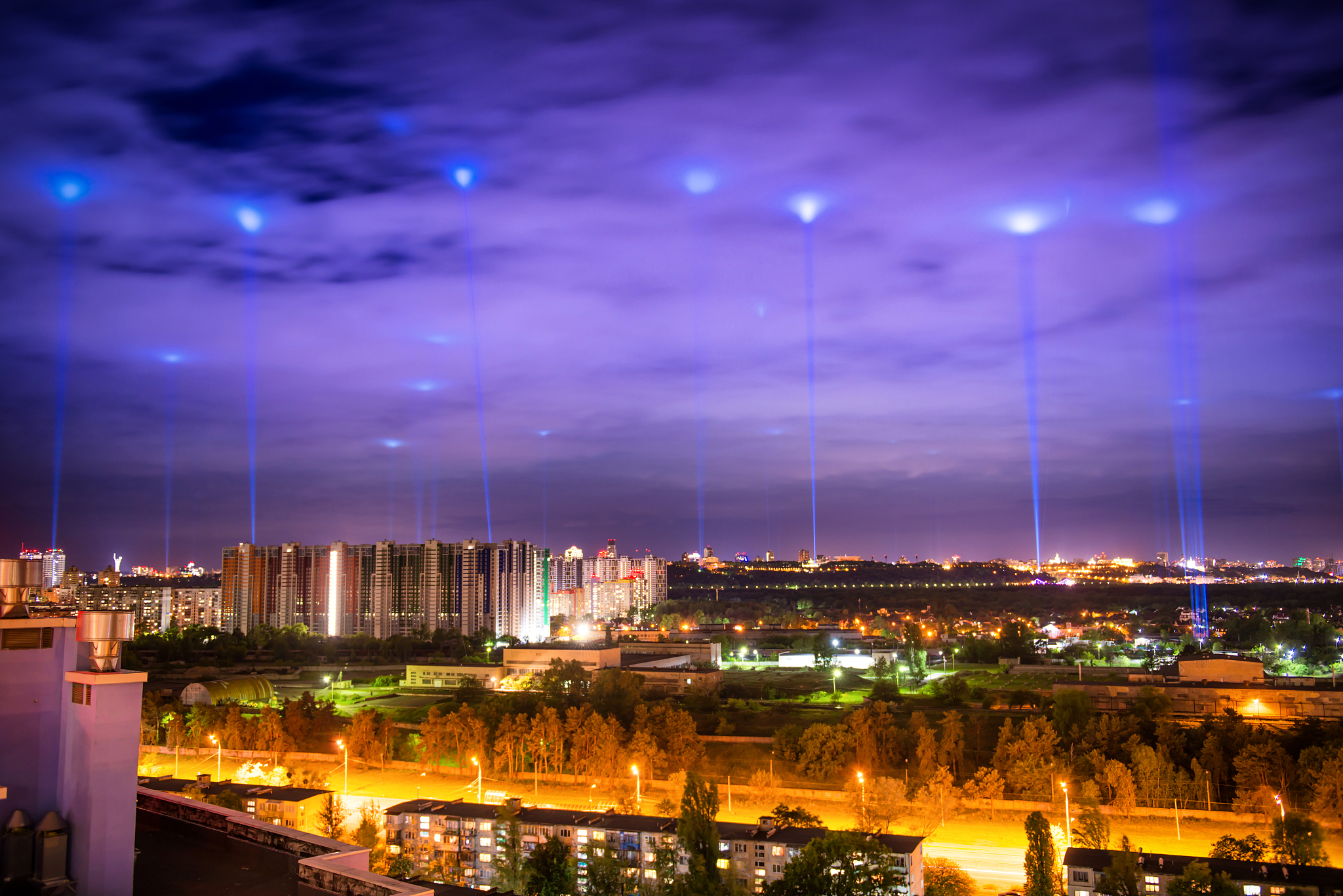 night illuminated city with blue lights