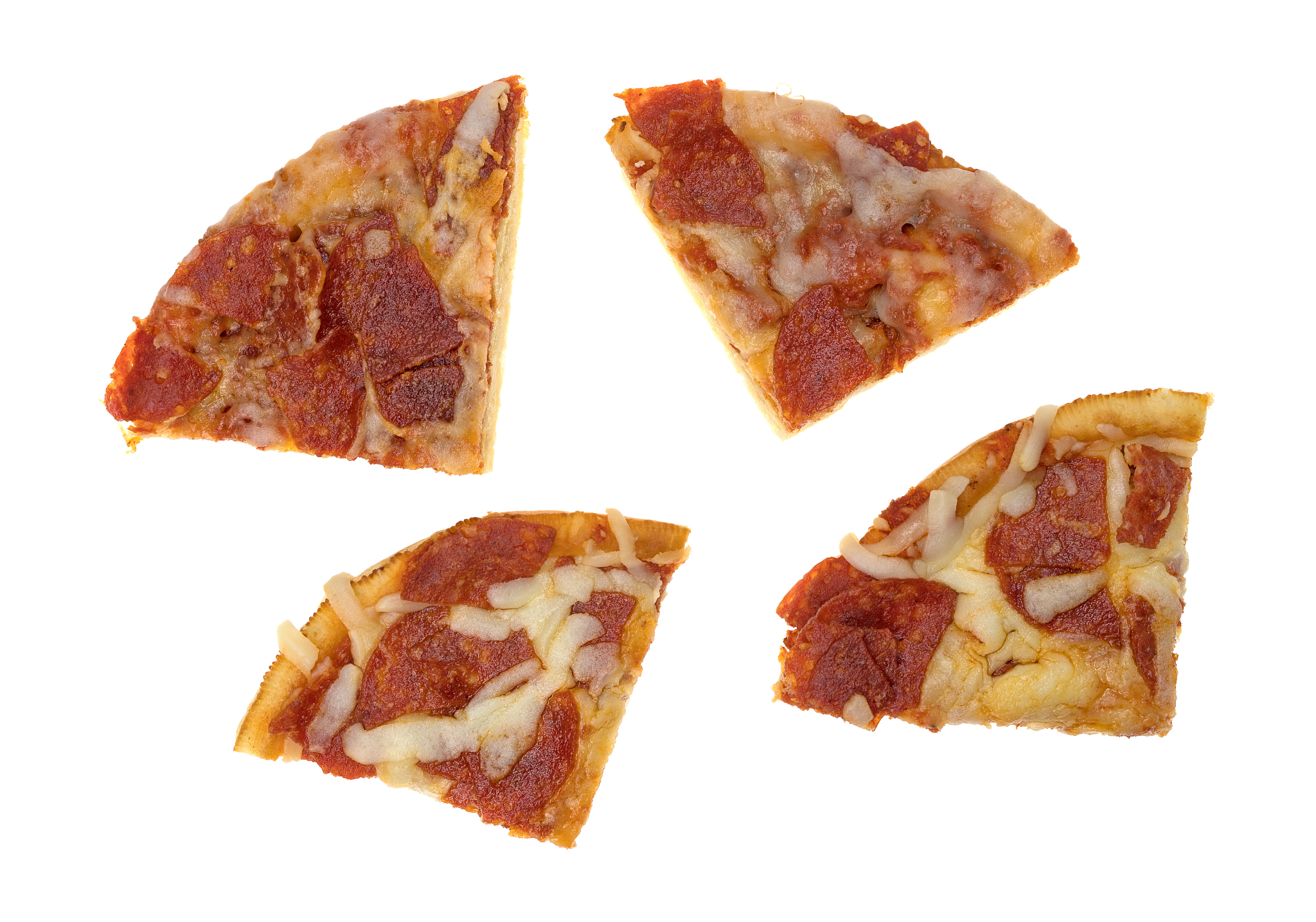 personal size pepperoni pizza slices on a white background