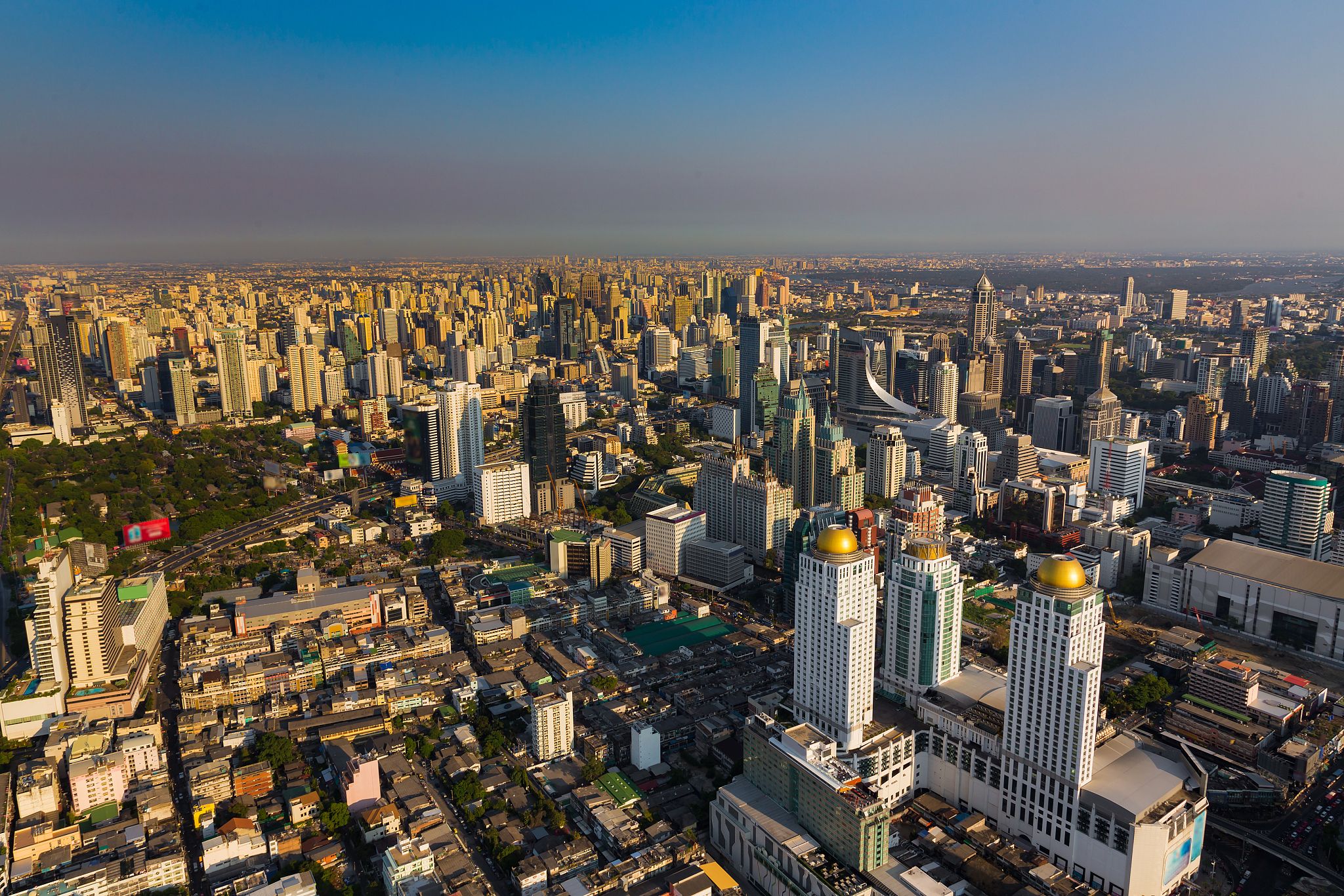 aerial view city business area before sunset, bangkok thailand