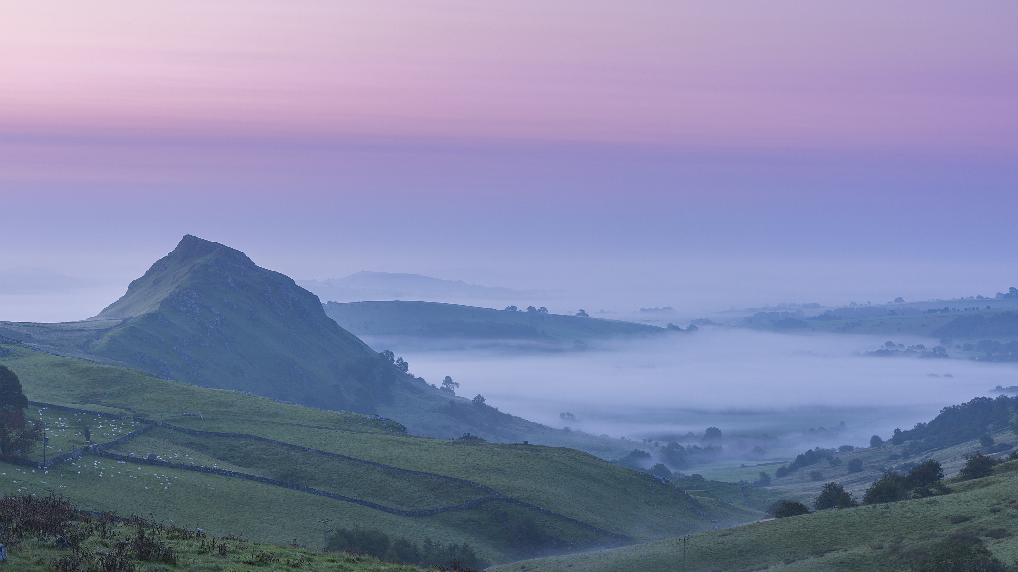 chrome hill misty dawn, peak district national park. uk.