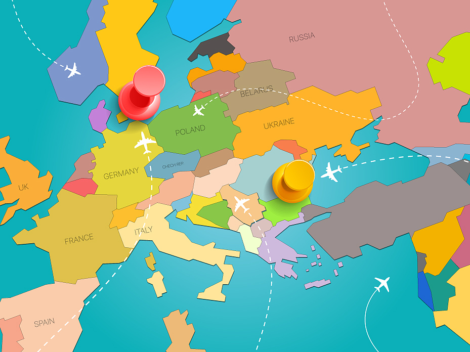 world travel concept with map of europe and color