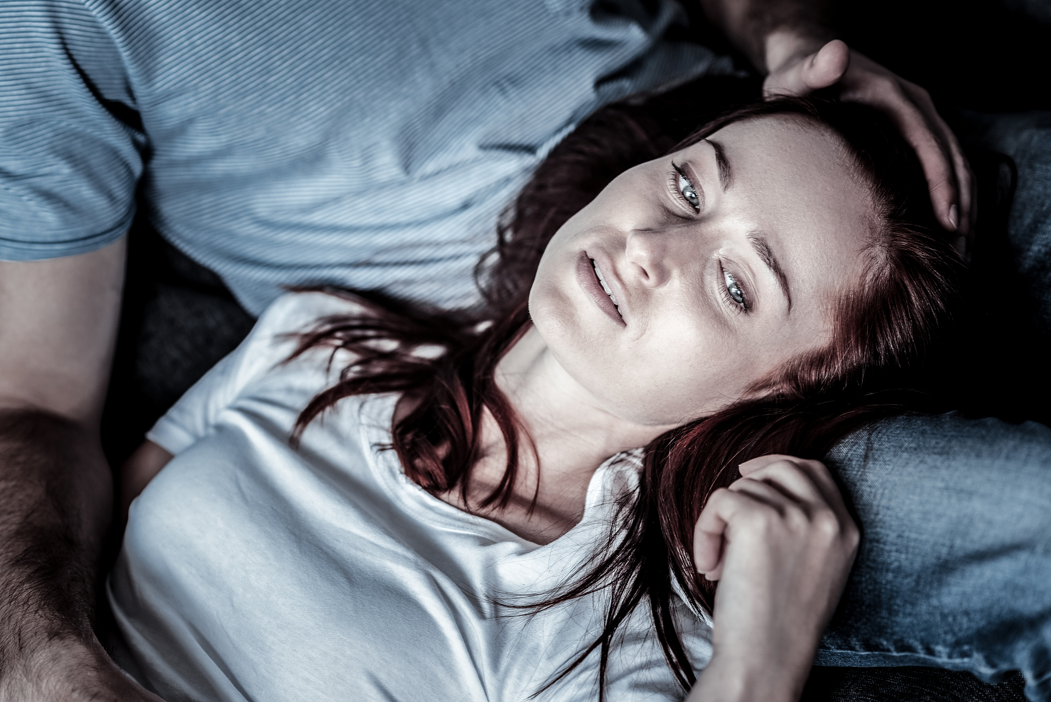 frustrated upset woman feeling bed herself and looking aside