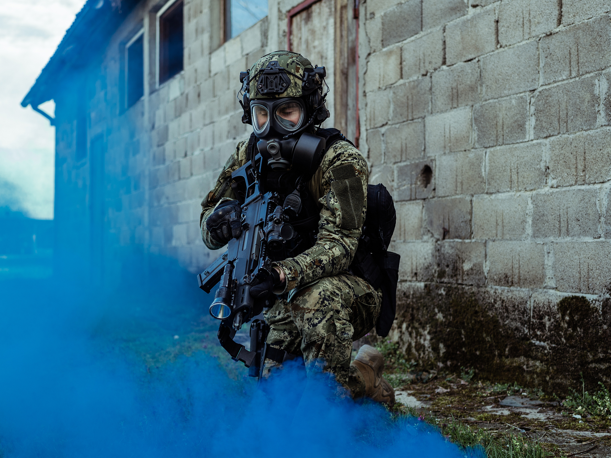 soldier with gas mask