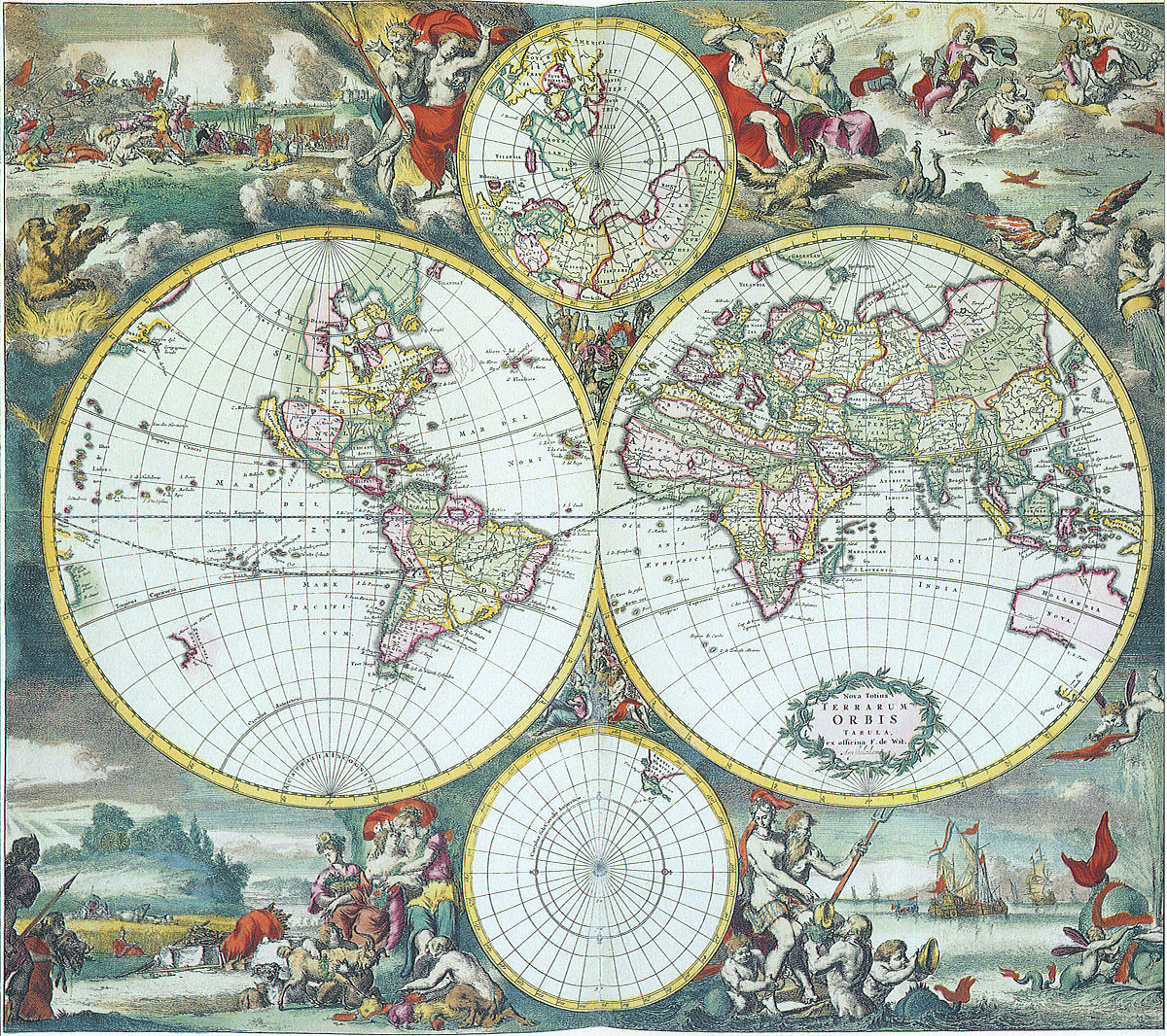 dual hemisphere map of the world 1668. (photo by: picturenow/uig