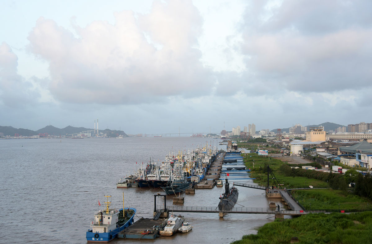 2021年7月20日,浙江省台州市椒江区椒江一桥附近海义码头,五十余艘船
