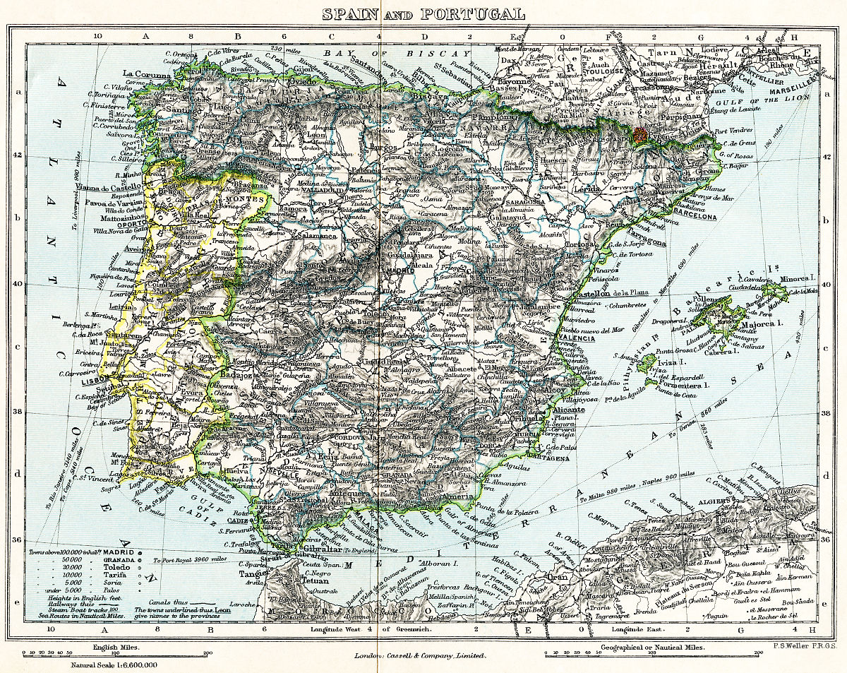 map of spain and portugal c.1872. from milner's gallery of geogr