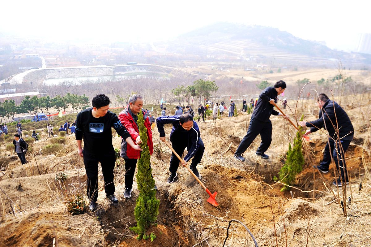 2021年3月13日,山东青岛西海岸新区灵山卫街道开山口村,市民参加植树