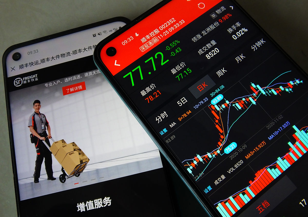 2020年11月25日,湖北宜昌,股民展示手机上的顺丰控股股价与顺丰快运信
