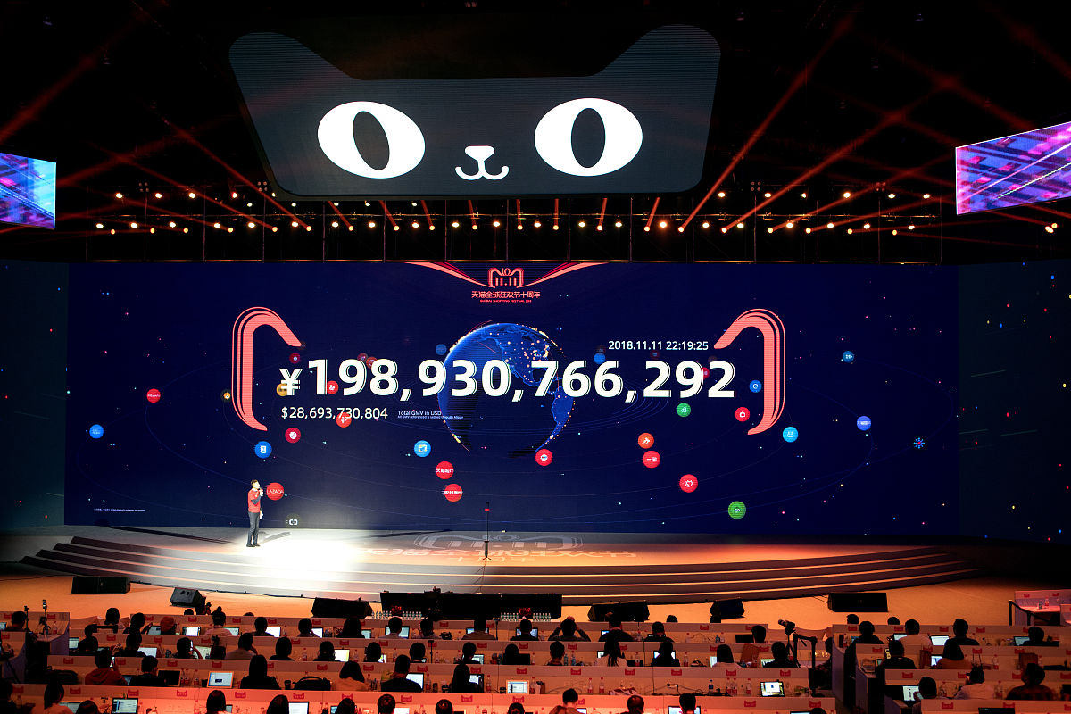 a screen displays a live update of sales figures during alibaba 