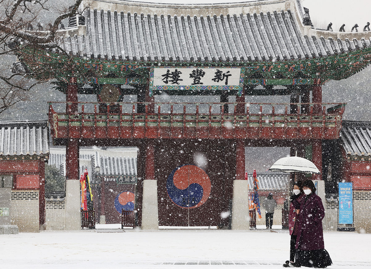 当地时间2022年1月19日下午,韩国京畿道水原市,当地迎来降雪,雪中的世