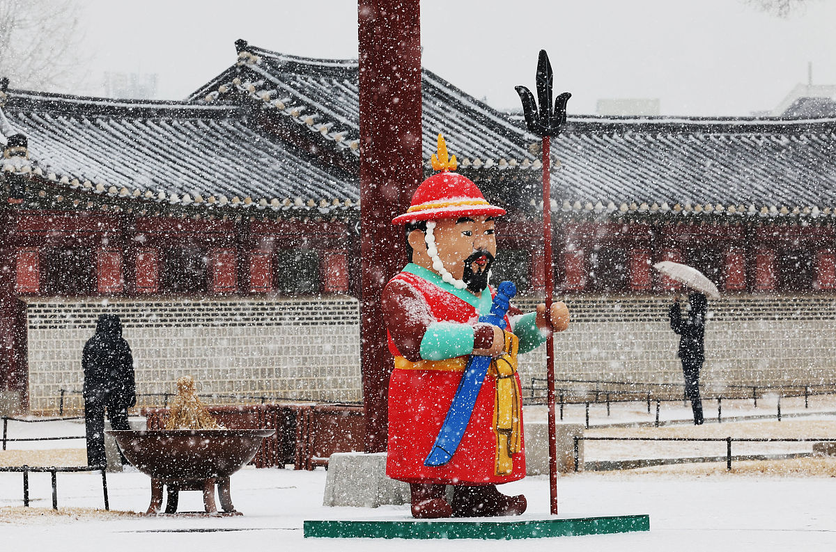 当地时间2022年1月19日下午,韩国京畿道水原市,当地迎来降雪,雪中的世