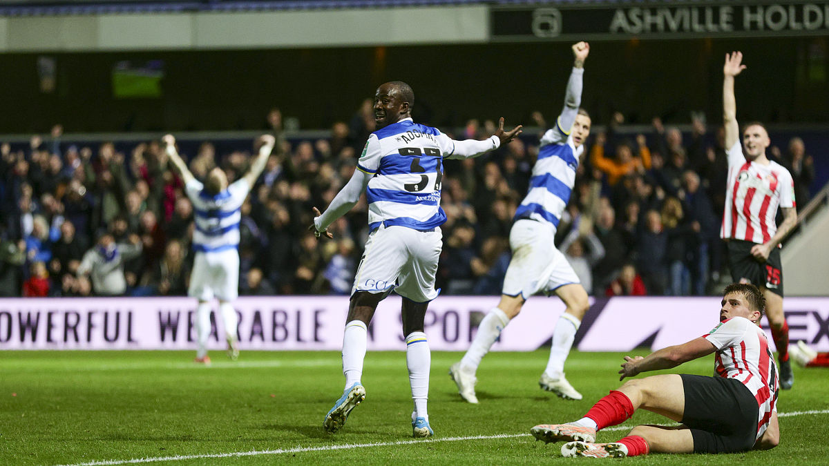qprs albert adomah & team mates celebrate qprs disallowed goal d