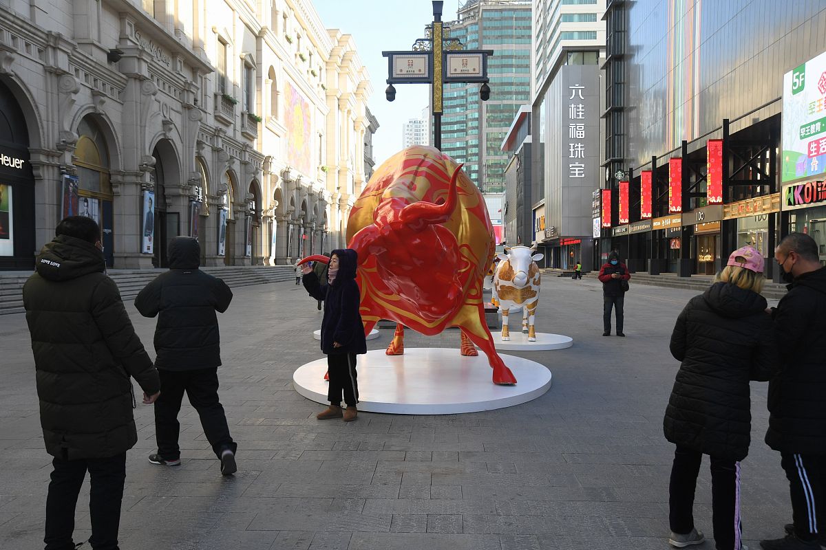 2021年1月1日,在沈阳中街街头,十头"彩牛"与市民见面,引来过往市民纷