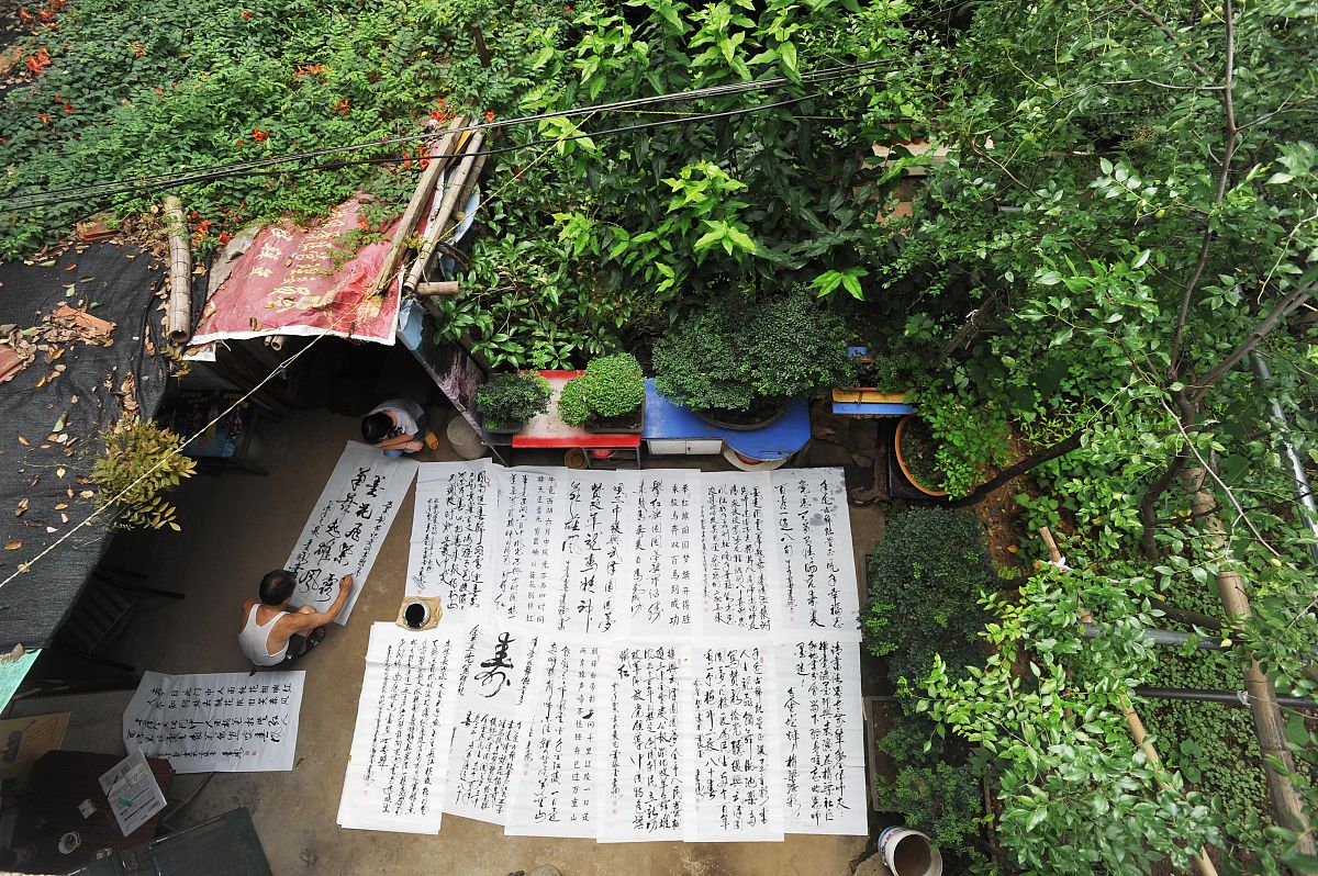 2015年7月20日,大李村一隅,严远承在自家院中研习书法.
