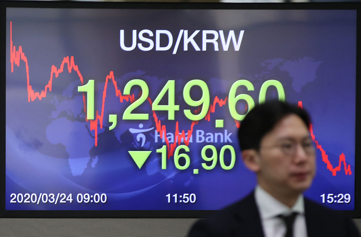 当地时间2020年3月24日,韩国首尔,银行交易室内的股市信息./   17    