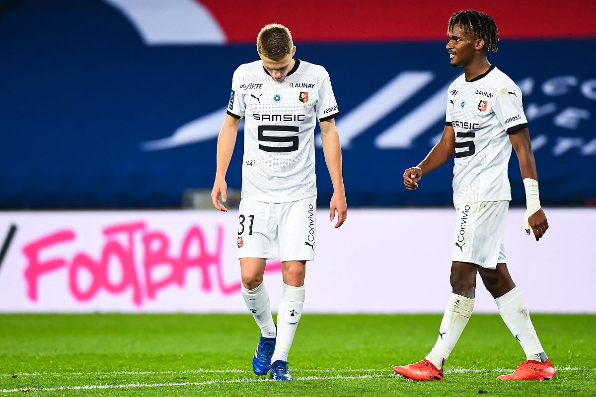 adrien truffert of rennes and yann gboho of rennes during the fr