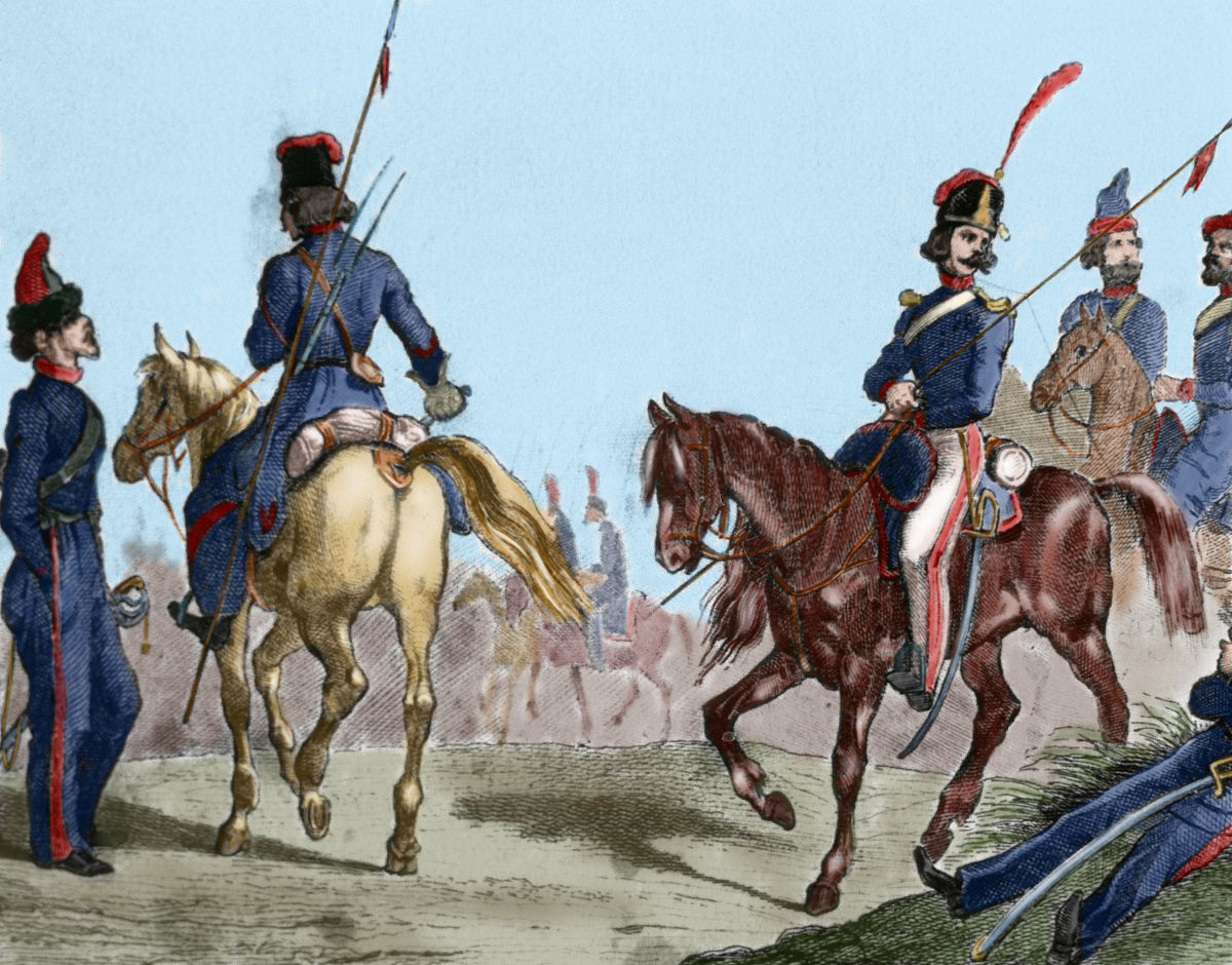 russian militaries, cossacks. engraving, 18th century. colored. 