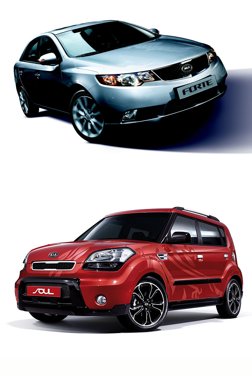 (拼接图)起亚福瑞迪汽车(上)和2010款全新起亚soul城市乘用车.kia mot