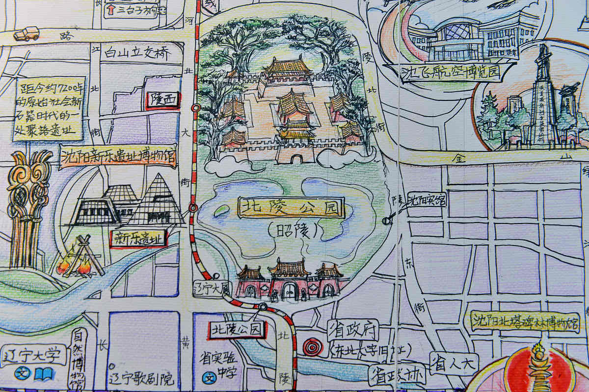 2016年11月18日,辽宁省沈阳市,马良手绘的沈阳地图上画出了沈阳标志性