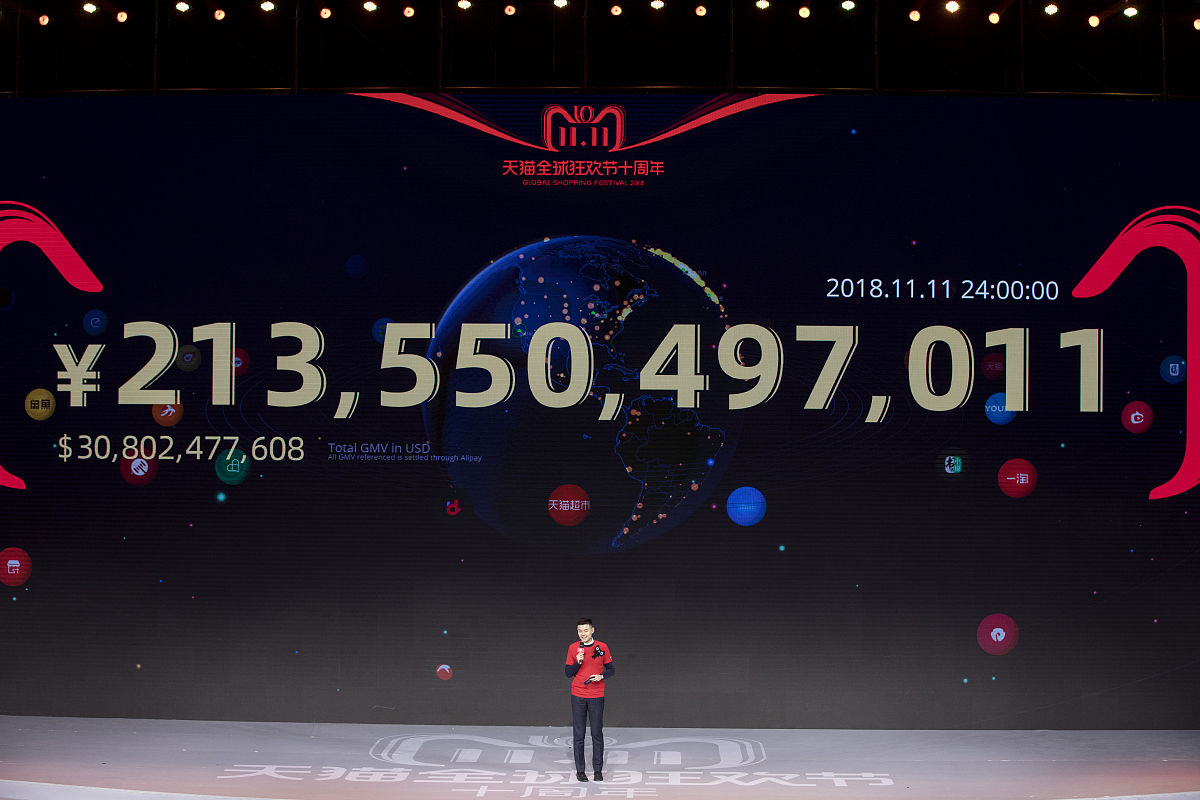 2018年11月11日,上海,2018 天猫"双11"全球狂欢节总交易额以2135亿收