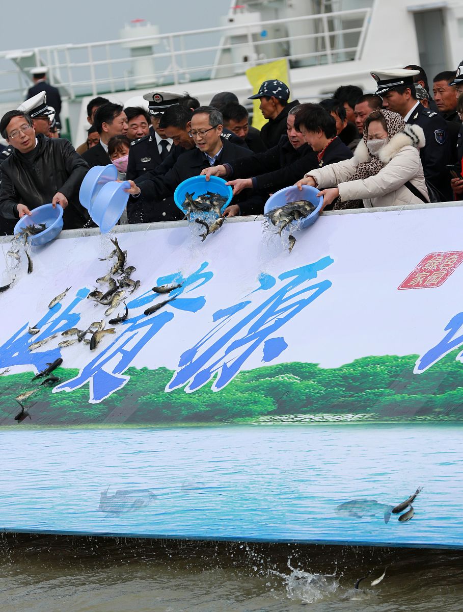 2019年3月28日,江苏省宿迁市骆马湖畔,志愿者在放鱼.当日,宿迁市第九
