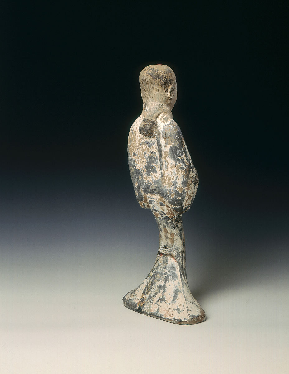 grey pottery standing woman, western han dynasty, china, 206 bc-