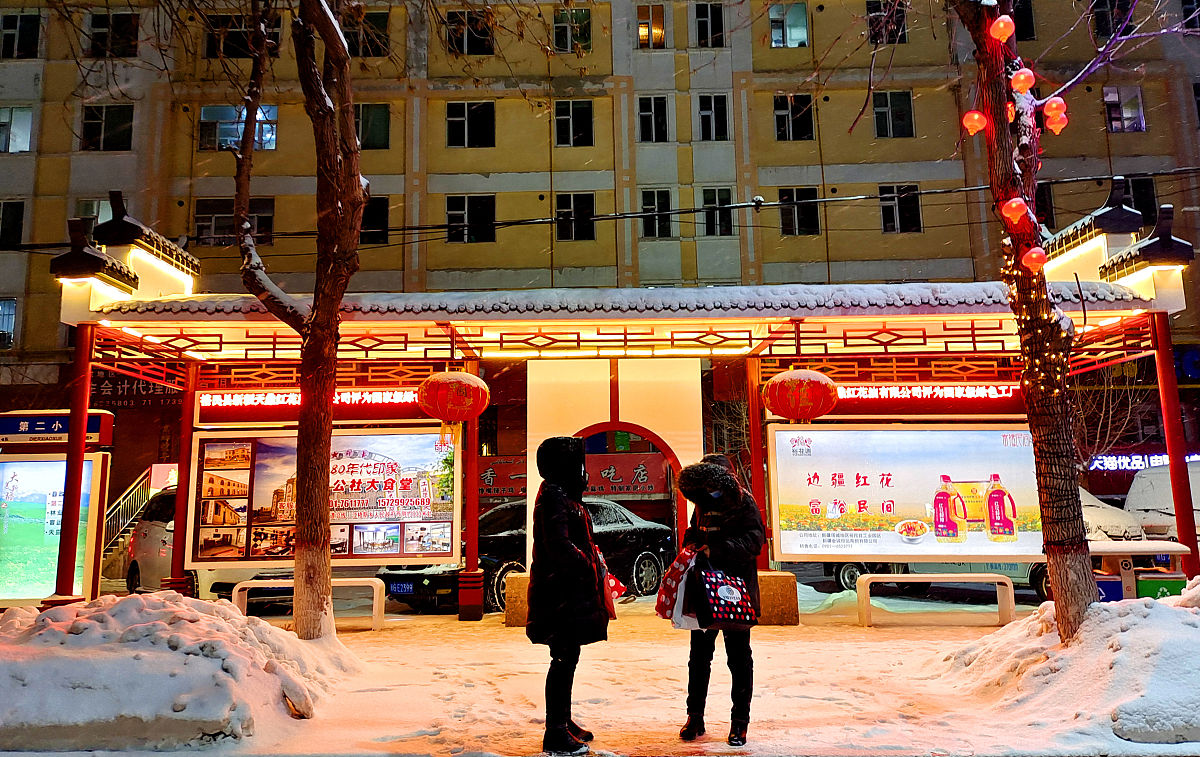 2022年2月12日,新疆塔城地区裕民县持续降雪,裕民县夜晚璀璨灯光与雪
