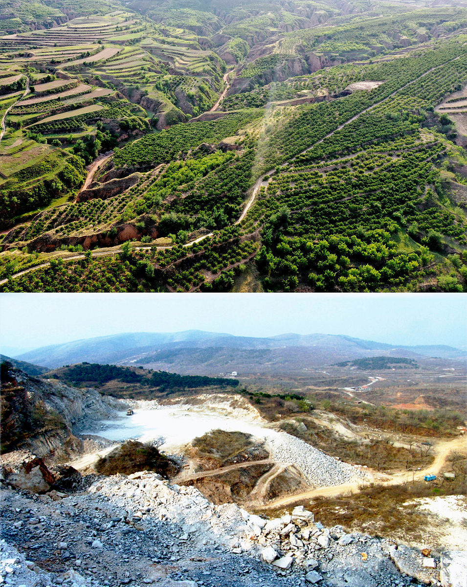 拼版照片:上图为河北省张家口市宣化区贾家营镇大湾村北废弃矿山生态