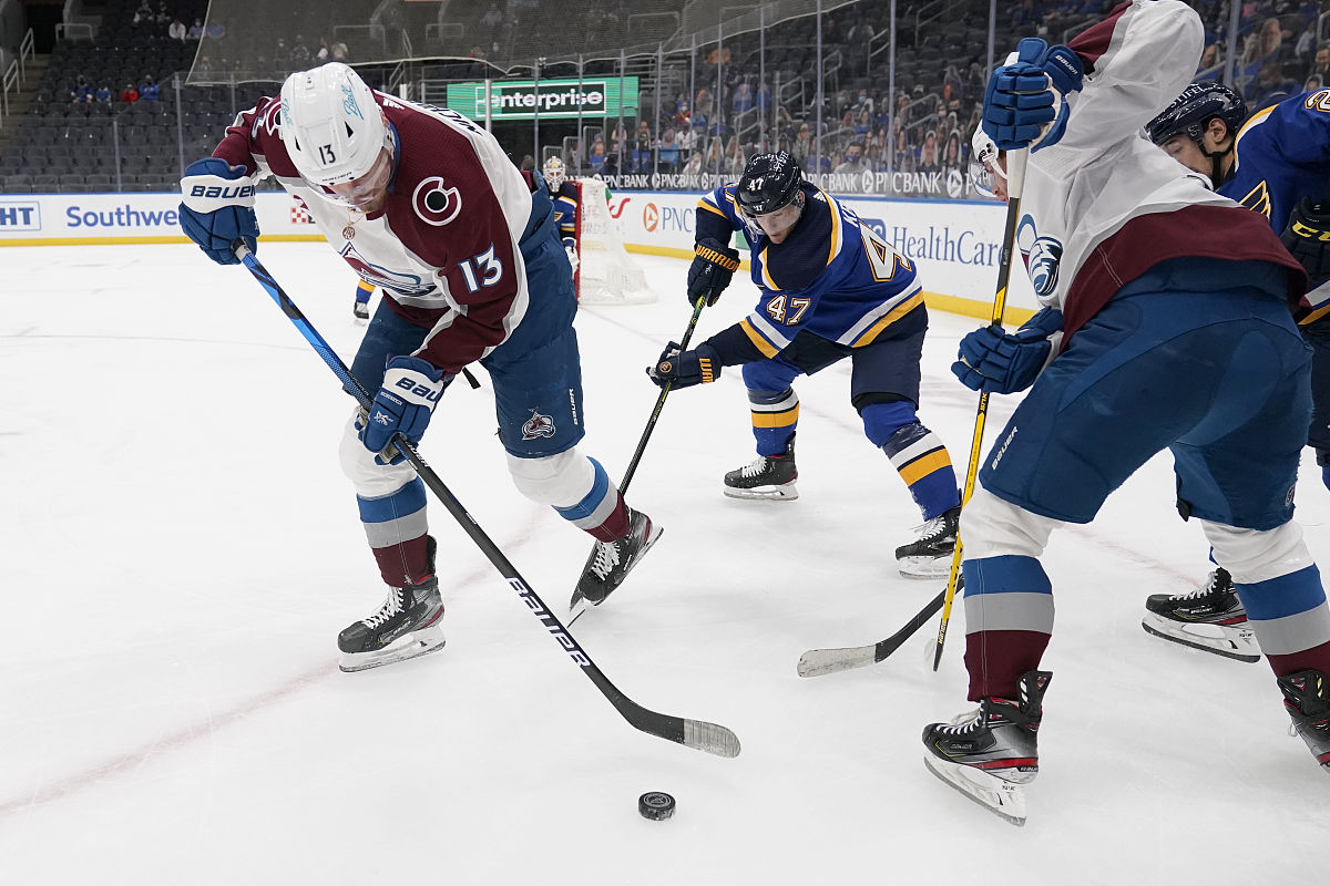colorado avalanche's valeri nichushkin (13) and st. louis blues'