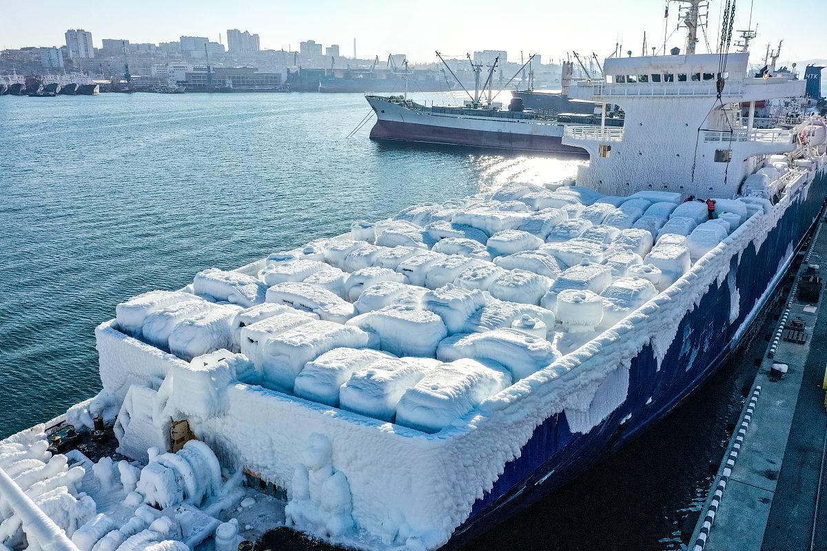 当地时间2021年12月28日,俄罗斯符拉迪沃斯托克,低温和潮湿的海风导致