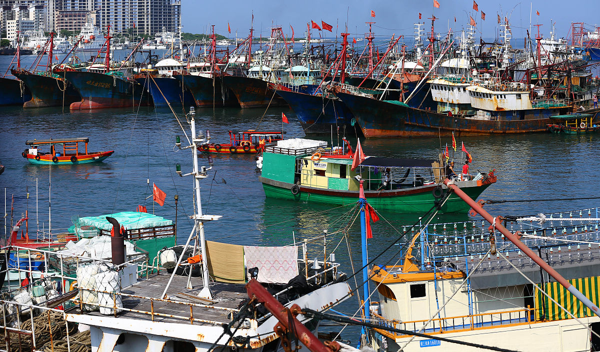 2016年5月16日,海南三亚,渔船在三亚港抛锚休渔.