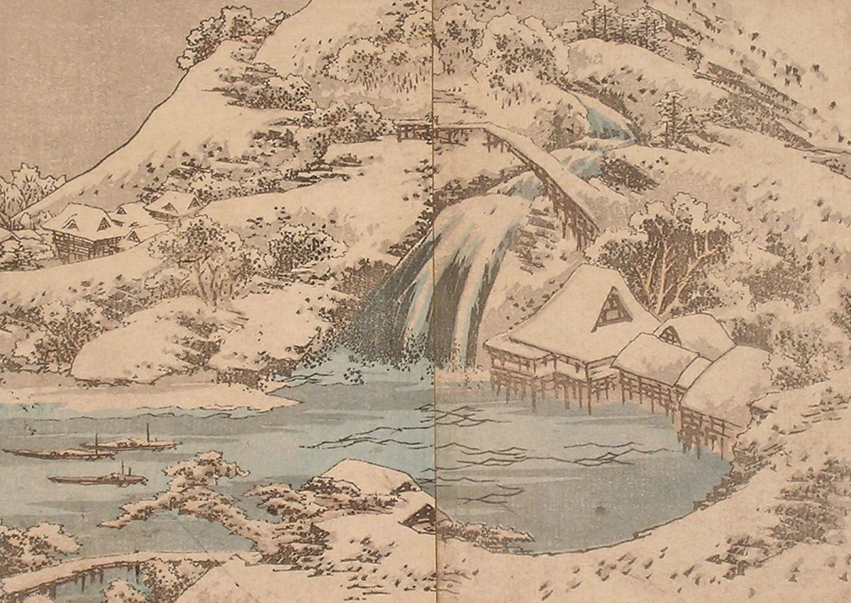 snow scene", two piece landscape woodblock print, japan, 19th ce