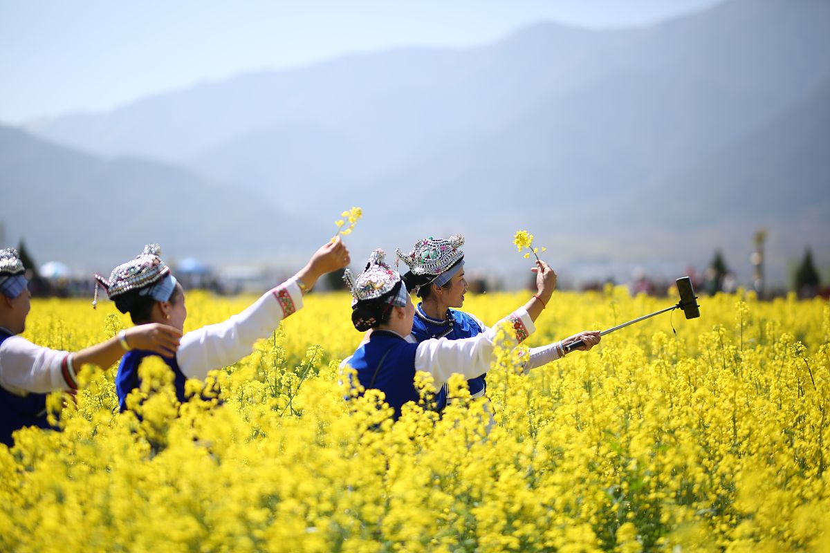 2021年3月13日,云南省大理州,洱源县凤羽镇,几位白族大妈在油菜花地手