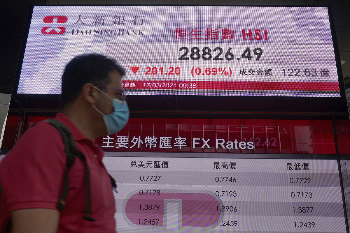 2021年3月17日,香港,实拍香港股票交易所.a man walks past a bank's 