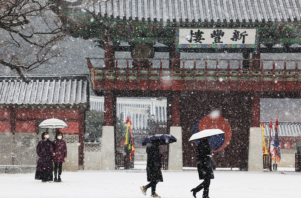 当地时间2022年1月19日下午,韩国京畿道水原市,当地迎来降雪,雪中的世