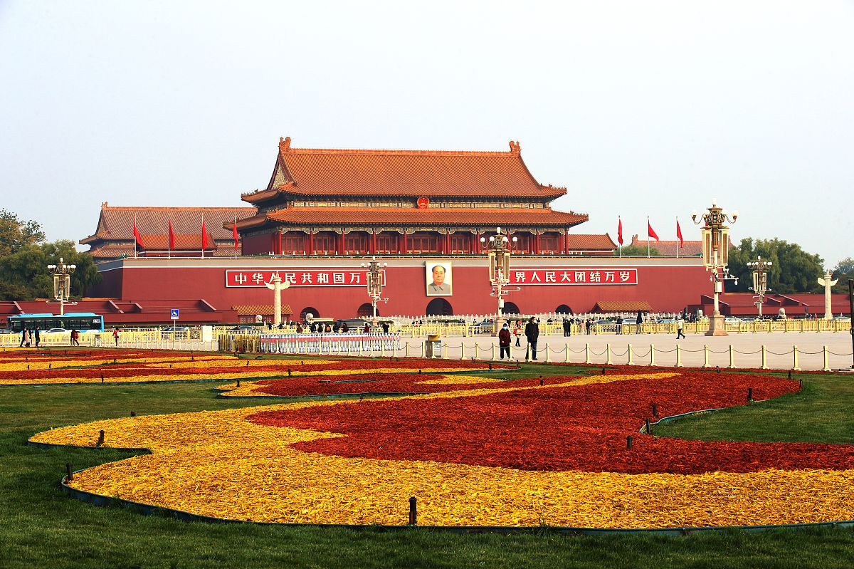 2020年11月11日,北京天安门广场东西两侧绿地冬季景观改造布置完成.据