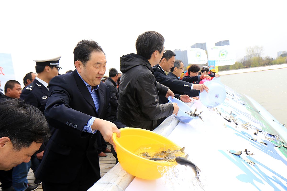 2019年3月28日,江苏省宿迁市骆马湖畔,志愿者在放鱼.当日,宿迁市第九