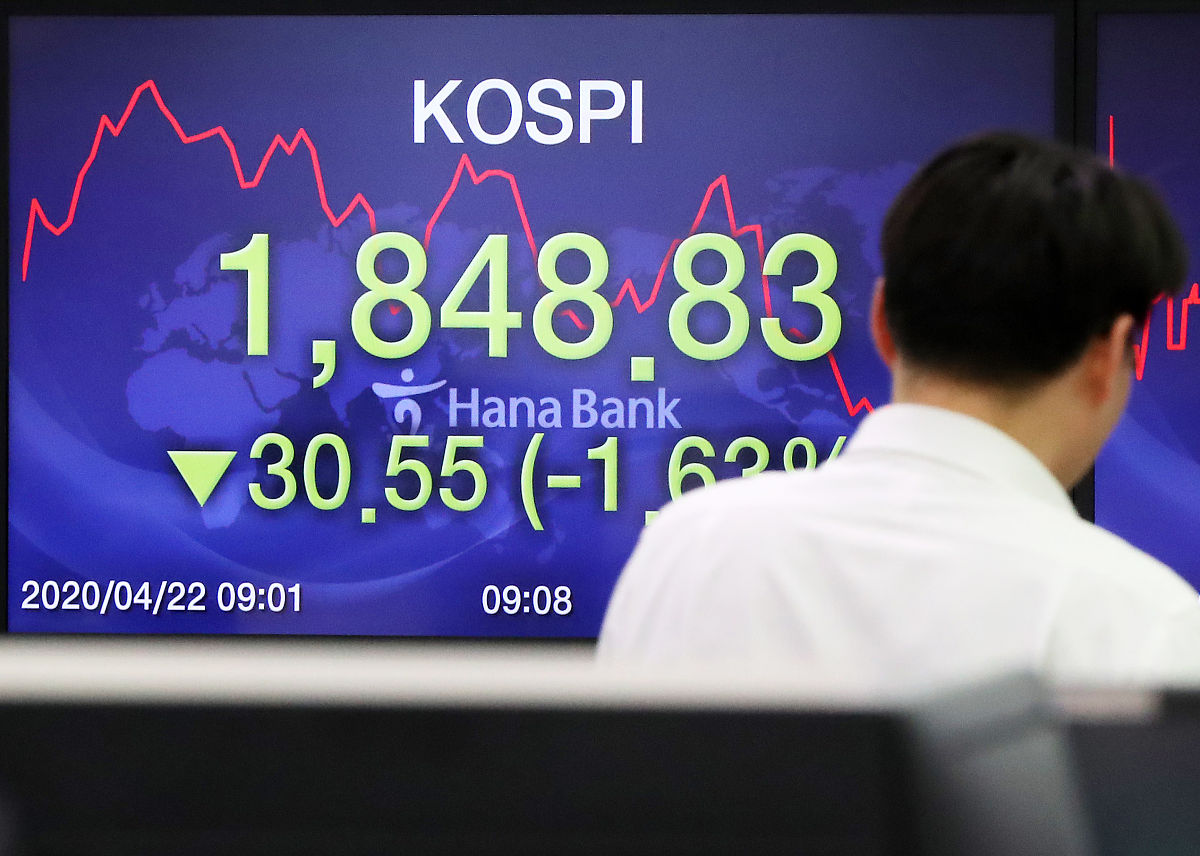 当地时间2020年4月22日,韩国首尔,银行交易厅显示的股市信息.,  1,840