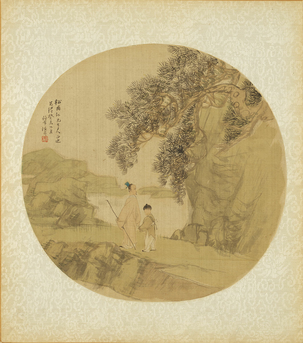 landscape with figures, qing dynasty (1644-1911), dated 1883. ar