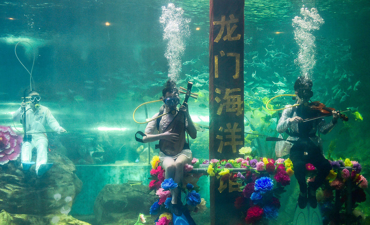 2021年4月17日,在河南洛阳市龙门海洋馆,潜水员们正为游客表演"水下音