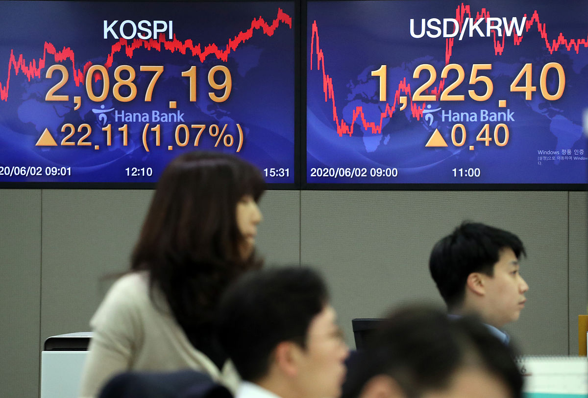 当地时间2020年6月2日,韩国首尔,银行电子屏幕上显示的股市信息.    (