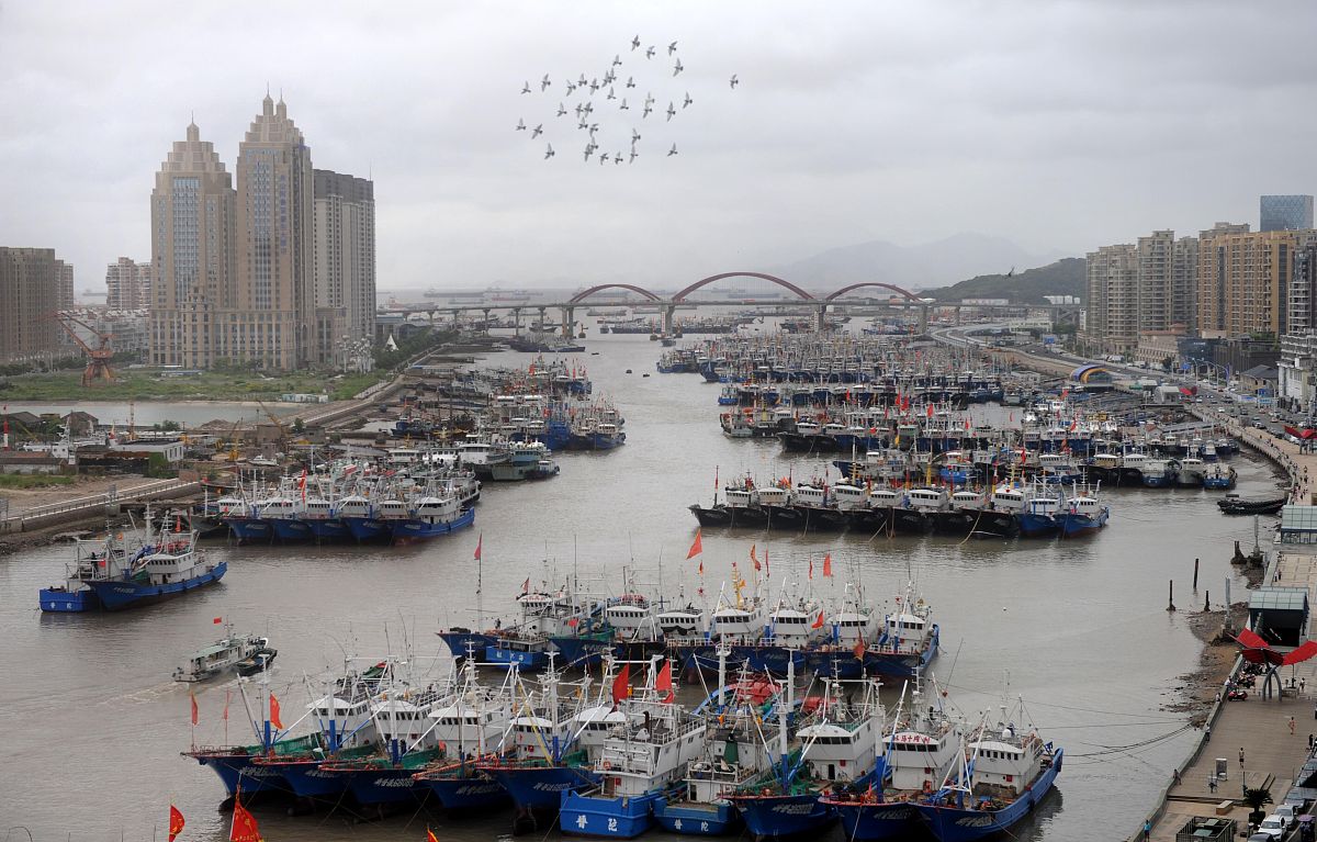 2014年7月31日,受"娜基莉"台风影响,浙江省舟山市沈家门渔港云集一批