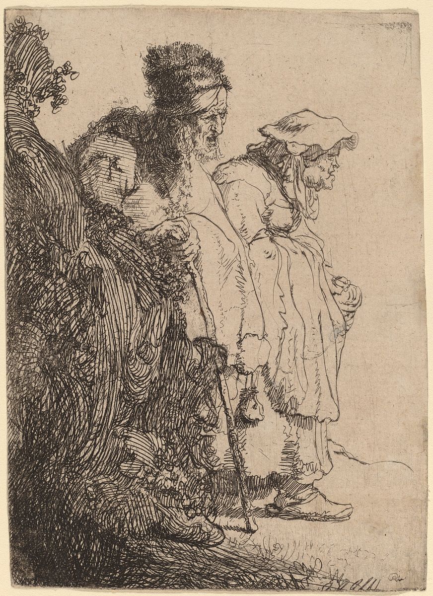 beggar man and woman behind a bank, c. 1630. artist rembrandt ha