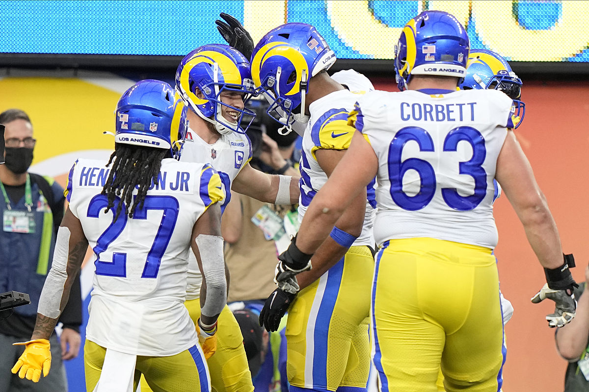 los angeles rams wide receiver cooper kupp, middle left, celebra