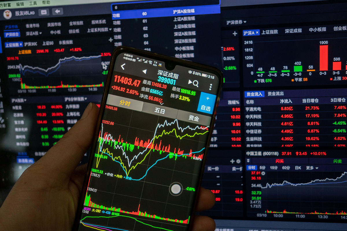 2020年3月10日下午,上海,股民通过手机和电脑查看当日收盘股指.