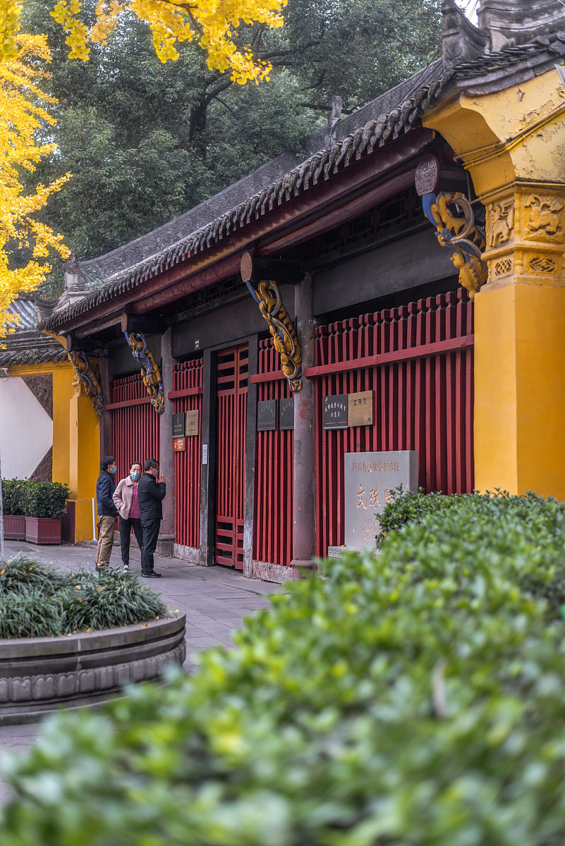 2021年11月20日,成都青羊区著名景点文殊院内,游客赏景游玩.