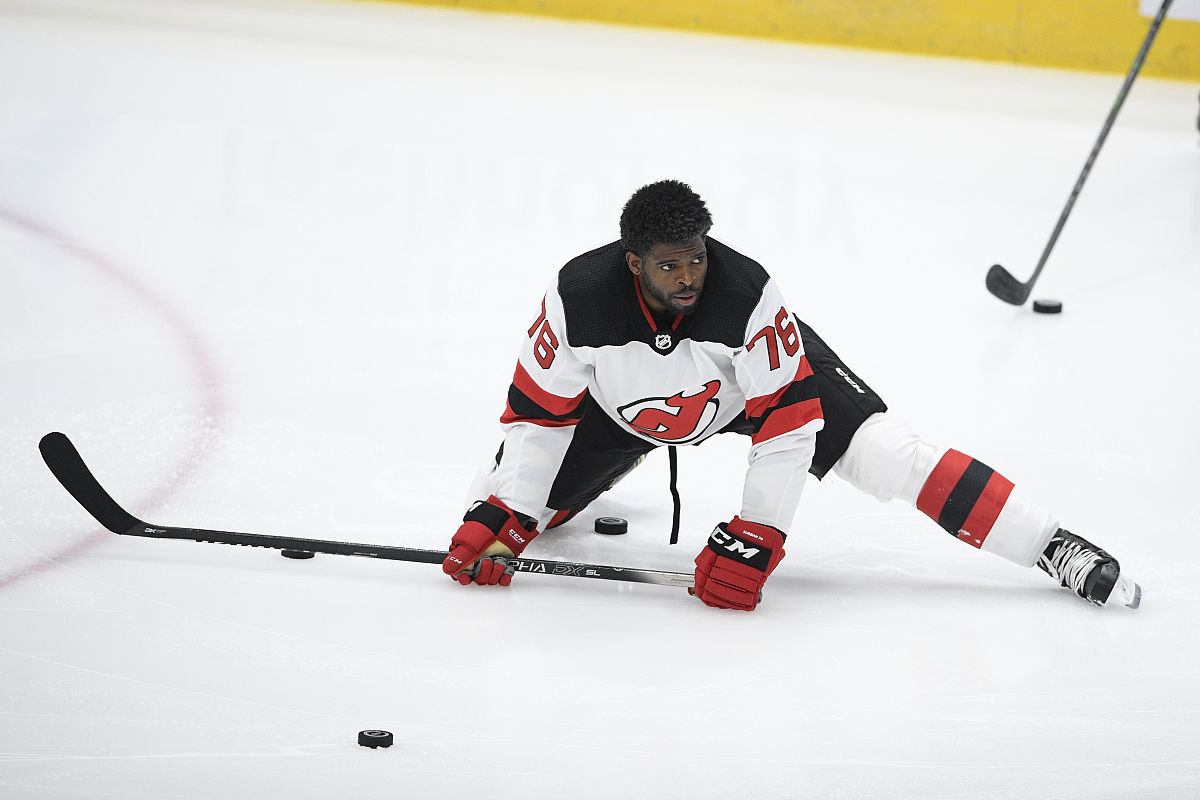 new jersey devils defenseman p.k. subban (76) warms up before an