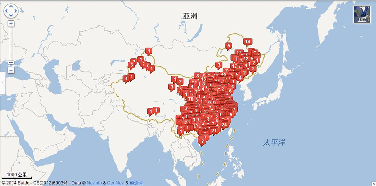 2014年1月7日,用"逸夫"在百度地图上搜索后显示出的结果密密麻麻地显